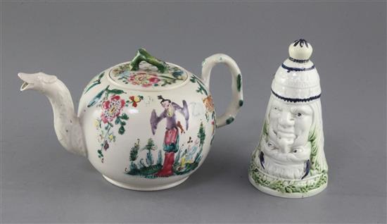 An enamelled saltglazed stoneware teapot, c.1780 and a novelty pearlware stirrup cup, c.1800, height 13.8cm, some restorations